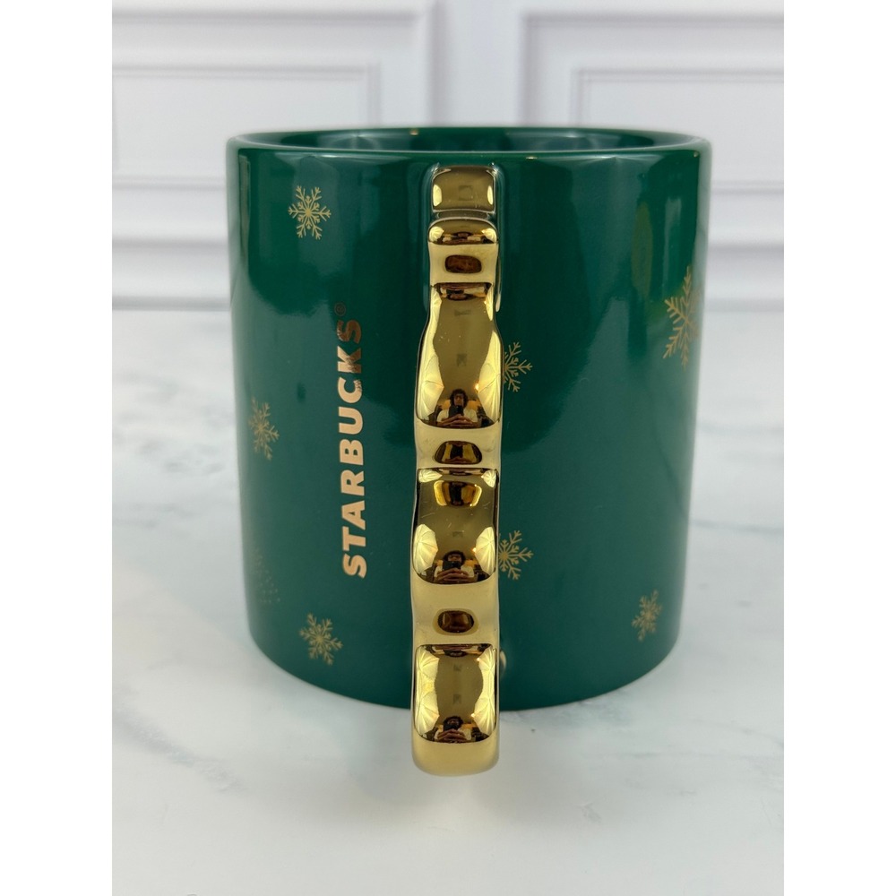 Starbucks 2025 Holiday Mug Green Snowflakes Tree Shaped Handle 4" MINT! - Picture 2 of 8